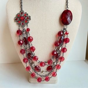 Gunmetal chains and translucent red acrylic beads multi strand tiered necklace